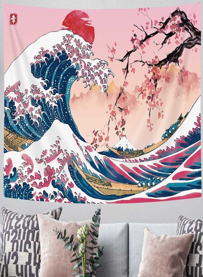 MERCHR Pink & Red Sun Cherry Blossom Wall Tapestry, Ocean Wave & Mountain Scene - Asian Anime Design for Bedroom, 60 x 40 Inches - Image 4